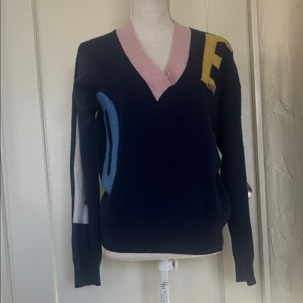 Moschino Navy and Pink V-Neck Sweater